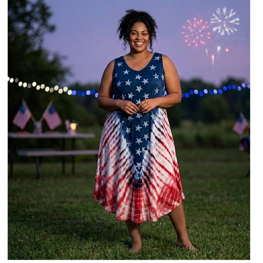 Seven Islands New York Red White Blue Star Tie Dye  Americana Maxi Dress NWOT 1X